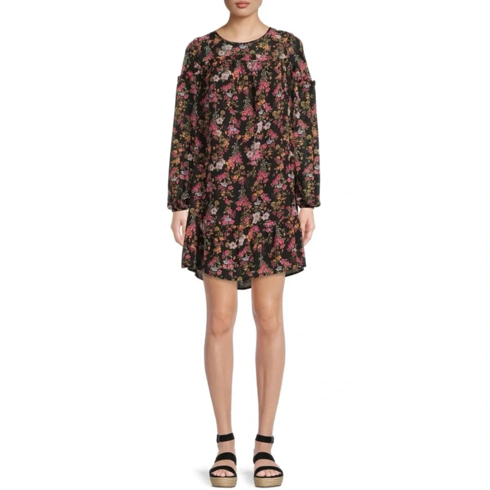 Time and Tru Long Sleeve Floral Ruffle Yoke Shift Dress Black Pink Size Large